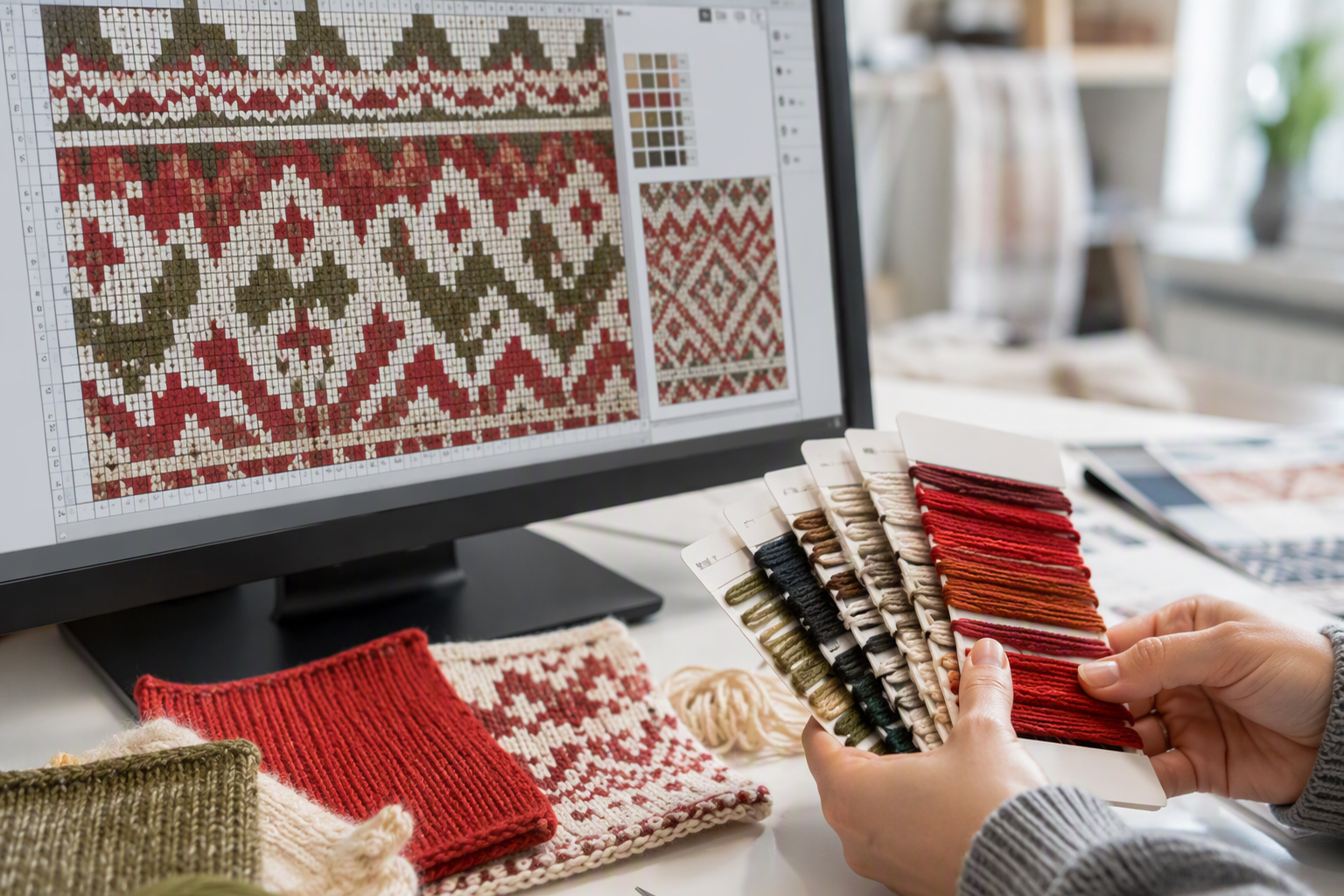Design & Sampling — knit pattern on screen with yarn color cards