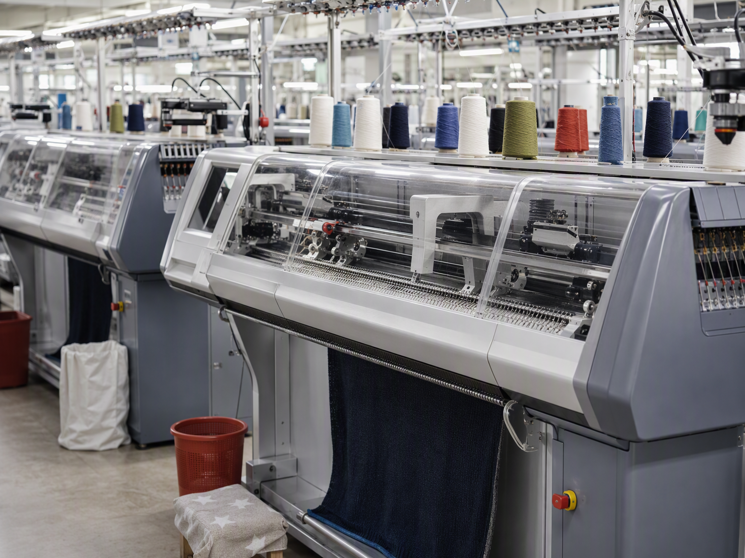 Electronic flat-bed knitting machines with yarn cones