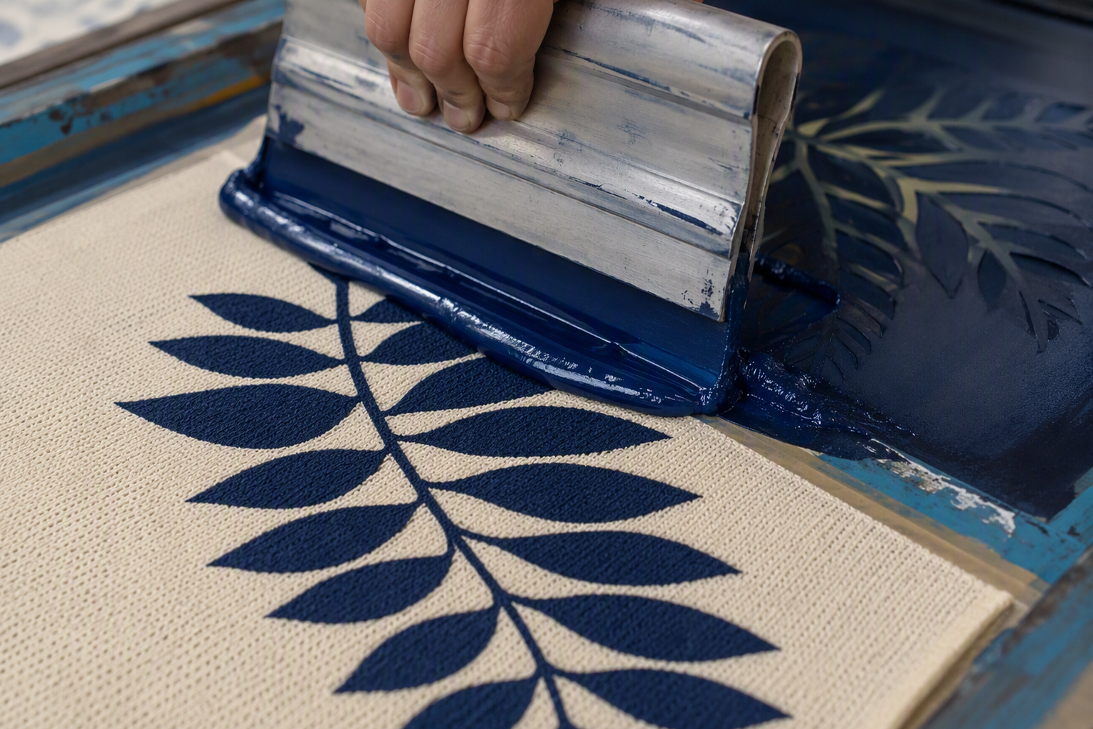 Print — screen printing a leaf pattern onto knit fabric