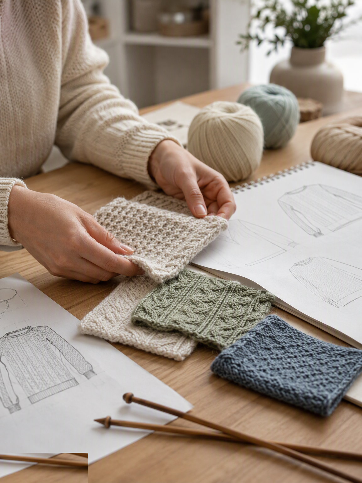 Knit swatches compared with sweater design sketches
