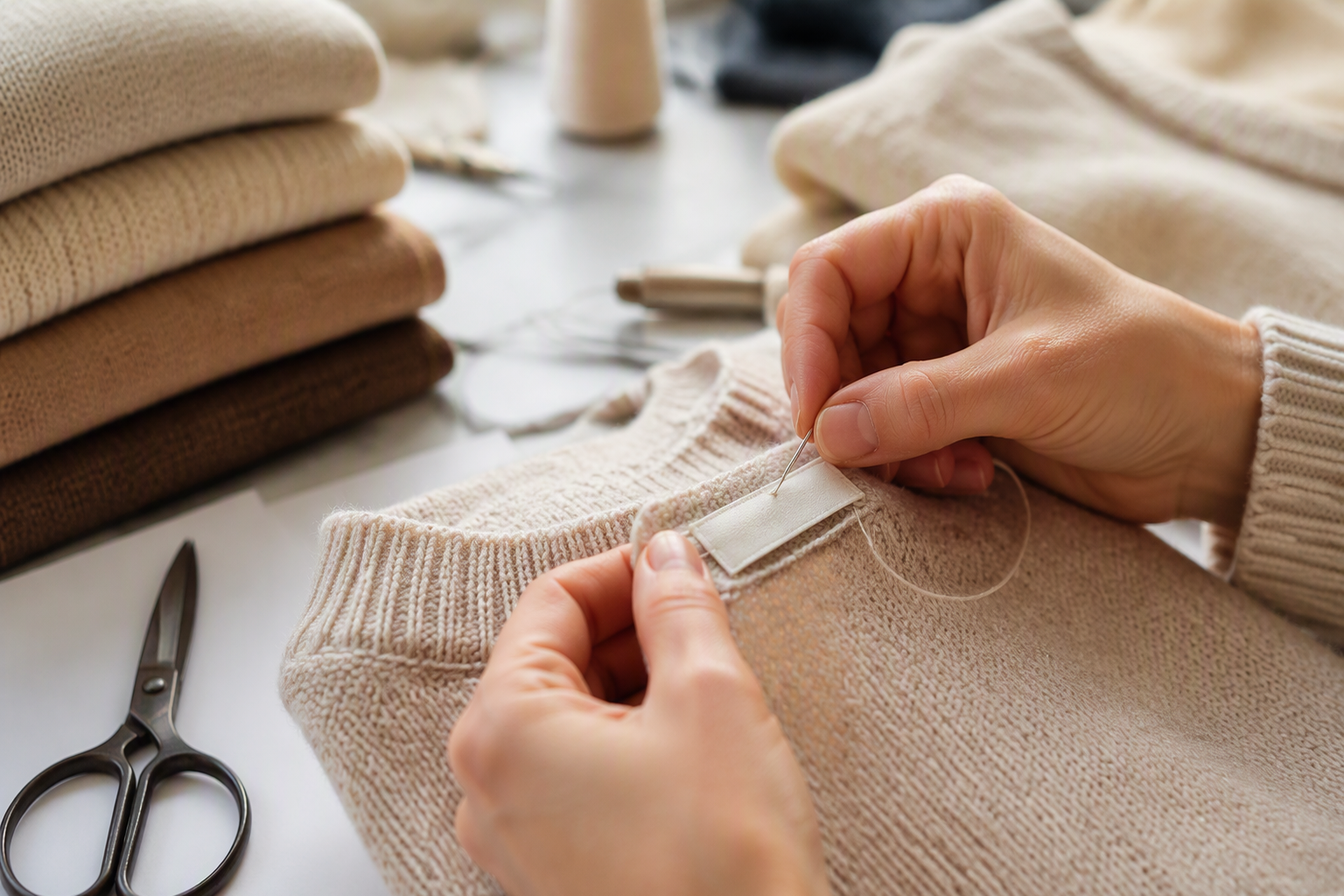 Hand sewing a brand label onto a finished knitwear piece